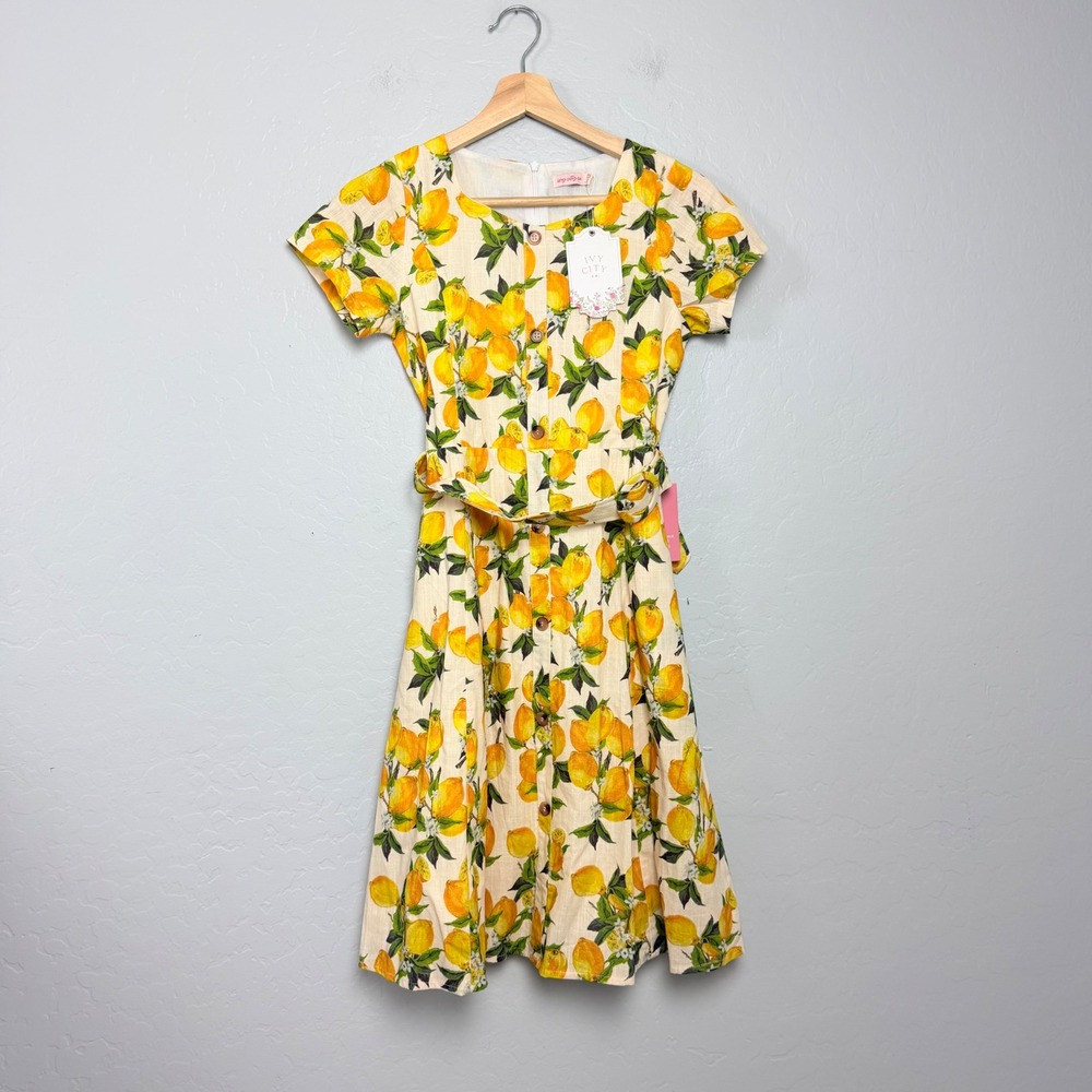NEW Ivy City Mini Meredith Dress A-Line Belted Lemons Yellow Cotton Size 11-12